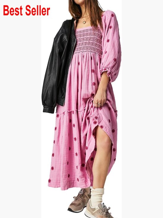 Dresses & Skirts - Floral Embroidered Maxi Dress Long Puff Sleeve Square Neck Bohemian Flowy